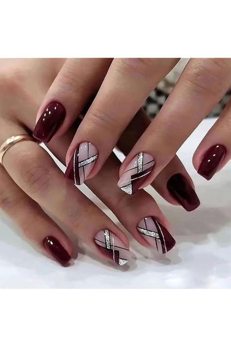 24Pcs Press on Nails Medium Coffin Square Fake Nails Wine Red Line Silver Glitter Powder Fashion False Nails Art Full Cover Nail Tips Stick on Nails Glue on Nails Acrylic Artificial Nails for Women Nails Wine Red, Red Press On Nails, Nails With Glitter, Accessories Illustration, Press On Nails Medium, Nails Press, Fall Acrylic Nails, Burgundy Nails, Nails Medium