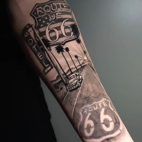 Car Themed Tattoo Sleeve, Car Lover Tattoo Ideas, Classic Car Tattoo Ideas, Street Tattoo Design, Street Tattoos For Men, Old School Car Tattoo, Usa Tattoo Ideas, Road Trip Tattoo, Truck Tattoo Ideas