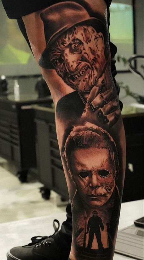 Halloween Realism Tattoo, Horror Leg Sleeve Tattoo Men, Horror Sleeve Tattoos For Guys, Scary Leg Sleeve Tattoo, Halloween Tattoos Sleeve Horror Movies, Horror Movie Tattoos Leg Sleeve, Scary Movie Tattoos Sleeve, Horror Leg Tattoo, Halloween Leg Sleeve Tattoo