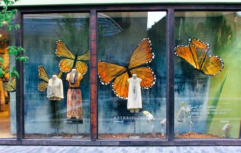 Anthropologie Spring Window Display, Butterfly Window Display, Anthropologie Fall Window Display, Anthropologie Window Display, Anthropologie Display, Autumn Window Display, Spring Window Display, Summer Window Display, Store Front Windows