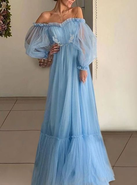 Prom Dresses Long Blue, Long Sleeve Evening Dresses, Gowns Prom, Dress Sleeve Styles, Long Evening Gowns, Prom Dresses With Sleeves, Prom Dresses Long With Sleeves, Tulle Prom Dress, Prom Dresses Blue