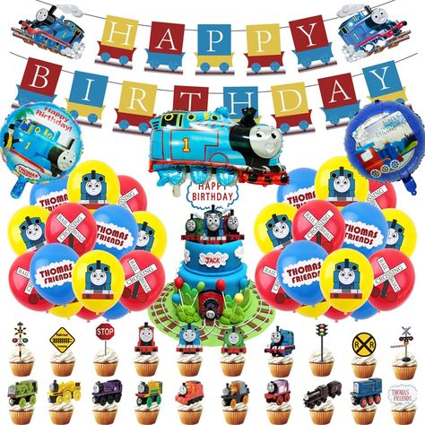 PRICES MAY VARY. 【Package Include】: 20 pcs cupcake toppers and 1 pcs big cake topper, 1 pcs banner, 18 pcs Balloons,1 pcs 60 * 68cm Thomas train,2 pcs 18 inch Spherical aluminum foil， which is your best choice for T-homas Train party decoration. 【 High Quality】: T-homas Train Birthday Party Decorations party decorations are made of environmental-friendly, harmless materials, durable,Non toxic and harmless to children and adults you can use them without any worries. 【Unique Design】 – various ador Thomas Train Birthday Party, Dino Run, Train Birthday Party Decorations, Thomas Train Birthday, Train Party Decorations, Train Theme Birthday Party, Thomas The Train Birthday Party, Thomas And His Friends, Train Birthday Party