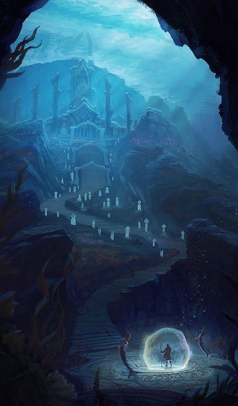 Underwater City, Underwater Art, Rpg Map, Fantasy City, Fantasy Setting, Fantasy Places, Fantasy Art Landscapes, Fantasy Concept Art, 판타지 아트