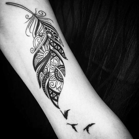 Feather and Birds Tribal Tattoos for Women                                                                                                                                                      More Tato Mandala, Mandala Feather, Mayan Tattoos, Cool Shoulder Tattoos, Armband Tattoo Design, Feather Tattoo Design, Muster Tattoos, Arm Band Tattoo, Celtic Tattoos