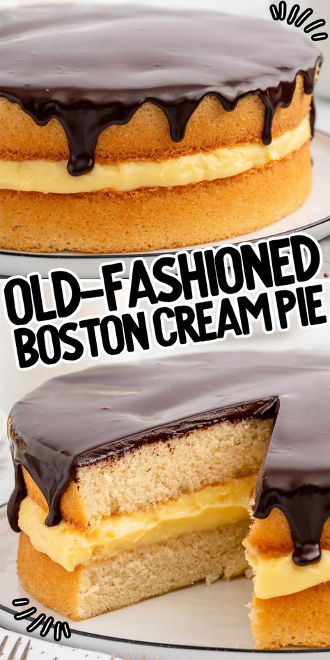 Indulge in the classic flavors of Boston Cream Pie: moist sponge cake, custard filling, and rich chocolate ganache. Perfect for any occasion! Cake Custard Filling, Boston Cream Filling, Boston Cream Pie Filling, Custard Cake Filling Recipe, Boston Cream Pie Poke Cake, Boston Cream Pie Cake, Boston Creme Pie, Moist Sponge Cake, Boston Cream Pie Recipe