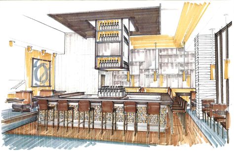 Rendering / Bar / Restaurant / Booth / Pendant #SchottDesign Interior Architecture Sketch, Lennar Homes, Interior Design Sketchbook, Furniture Design Sketches, Coffee Shop Interior Design, Interior Design Renderings, Interior Architecture Drawing, Drawing Interior, Interior Design Drawings