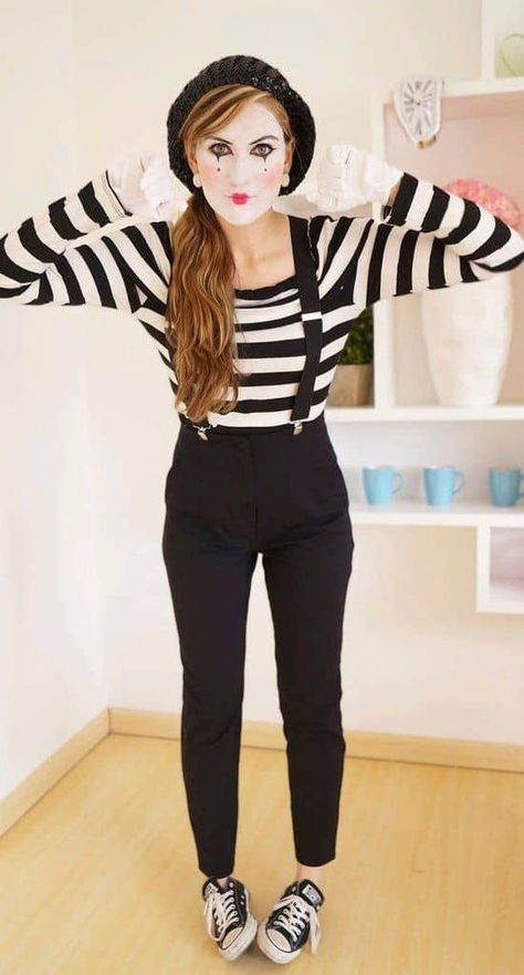 Mime Outfits Costume Ideas, Diy Mime Costume For Women, Carnival Costume Ideas Women, Mime Halloween Costume Women, Circus Mime Costume, Mime Costume Diy Women, Circus Costume Ideas Women, Circus Costume Women, Unique Costumes For Women