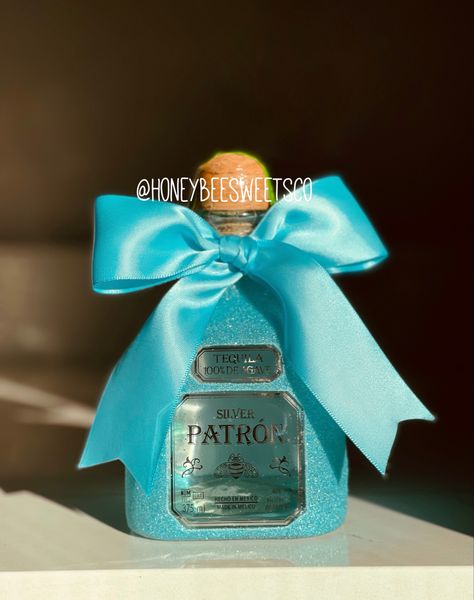 Glittered tequila bottles | Custom tequila bottle | Patron tequila | bedazzle | bling | tiffany blue | glitter | DIY Custom Tequila Bottle, Birthday Bottle Decoration, Blinged Bottles, Alcohol Bottle Decorations, Strawberry Tequila, Bedazzled Liquor Bottles, Glitter Bottles, Bedazzled Bottle, Drink Business