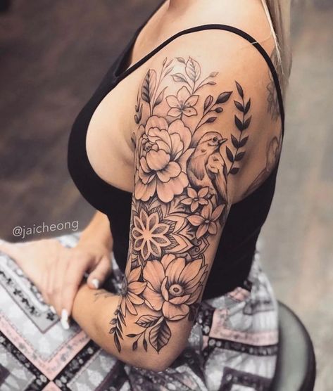 Tatuaje: Tatuaje Manga Flores por Jai Cheong - Tatuajes para Mujeres Unique Tattoos For Women, Female Tattoos, Girl Arm Tattoos, Ring Finger Tattoos, Floral Tattoo Sleeve, Peonies Tattoo, Arm Tattoos For Women, Tattoo Feminina, Sleeve Tattoos For Women