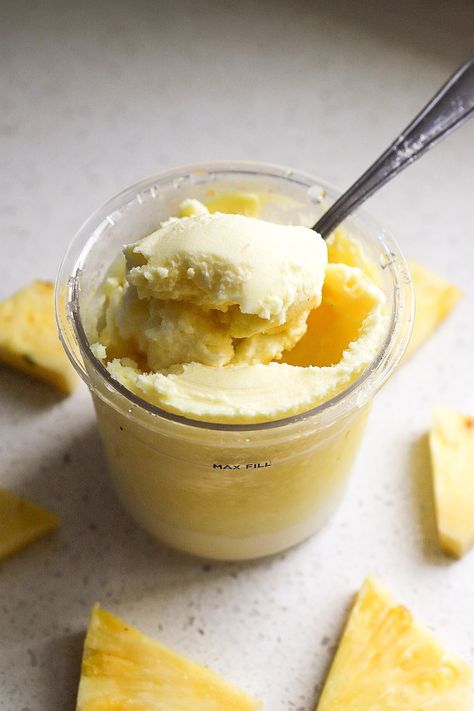 Side view of easy pineapple sorbet recipe with fresh pineapple pieces laying around it. Pineapple Ninja Creami Recipe, Pineapple Sorbet Recipe, Pineapple Sorbet, Sorbet Recipe, Sorbet Recipes, Fresh Pineapple, Ninja Creami, Side View, Spinach