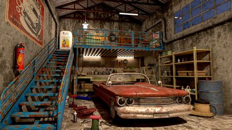 Garage with car, Diksha Shukla on ArtStation at https://www.artstation.com/artwork/ma3qv 1950s Garage, Indoor Perspective, 50s Garage, Old Car Garage, Garage Layout, Garage Aesthetic, Garage Drawing, Vintage Car Garage, Uk Garage