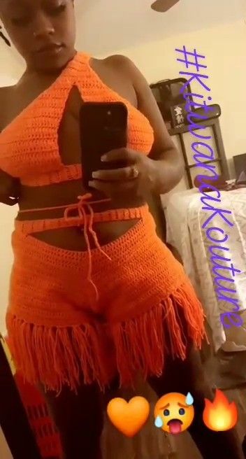 Orange wo piece crochet outfit. Over one shoulder halter top. Shorts with fringe. Two Piece Crochet Outfit, Two Piece Crochet, Shorts With Fringe, Crochet Outfit, Crocheted Items, Crocheted Item, Crochet Clothes, Halter Top, Knitted Scarf