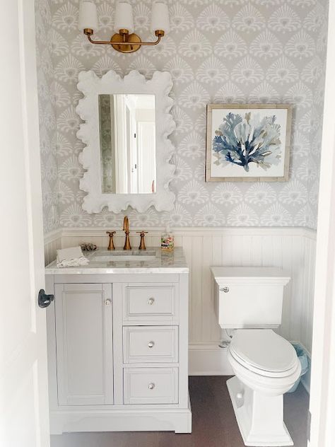 Grandmillenial Half Bath, Coastal Half Bath Wallpaper, Coastal Farmhouse Powder Room, French Country Coastal Bathroom, Coastal Grandmother Aesthetic Bathroom, Wallpaper Wainscoting Bathroom, Powder Bathroom With Wallpaper, Coastal Aesthetic Bathroom, Coastal Grandaughter Bathroom