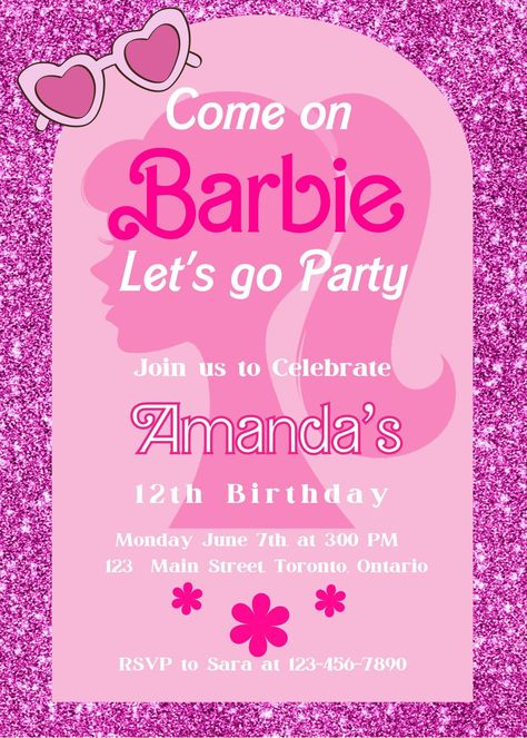 Throw a fabulous doll-themed birthday bash with our pink glitter invitations! Perfect for your little one's special day, these invites add a touch of sparkle to every guest! ........................................................................................ This listing is an Instant download digital file for you to edit this invitation in your web browser with Canva after purchase. Customize directly on Canva. No design skills needed! Fonts, sizes, and colours as shown in the photos are wh Barbie Dance Birthday Party, Barbie Birthday For Kids, 4 Year Birthday Party Barbie, 4th Barbie Birthday Party, Barbie Birthday Invitations Template, Barbie Girl Birthday Party Ideas, Sweet 16 Barbie Theme, Barbie 7th Birthday Party, Barbie 4th Birthday Party Ideas