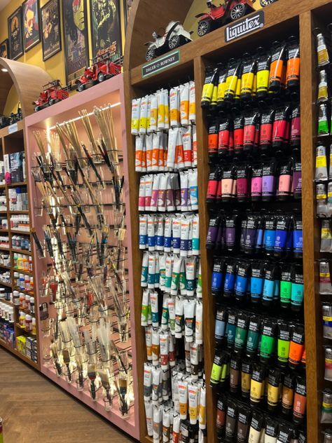 Arts And Crafts Store Aesthetic, Aesthetic Art Materials, Art Supply Store Interior, Art Supply Store Aesthetic, Art Store Aesthetic, Stationery Store Design, Art Stores, Paint Workshop, Art Supplies List