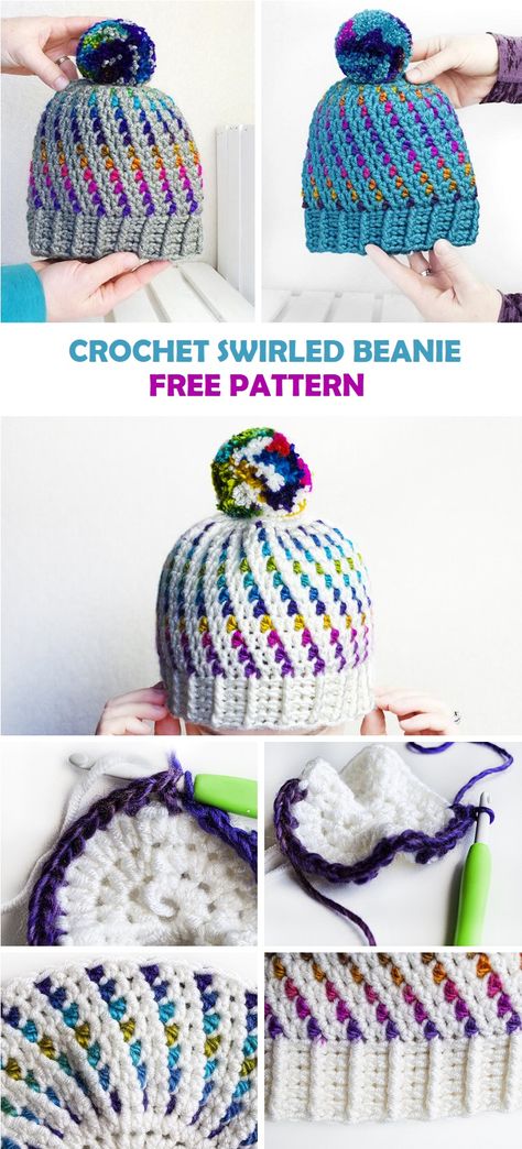 Learn how to crochet a beautiful swirled hat. Free crochet pattern. Mypicot Crochet, Beanie Free Crochet Pattern, Knitting Terms, Crocheting Projects, Bun Hat, Crochet Fun, Mode Crochet, Bonnet Crochet, Beanie Crochet