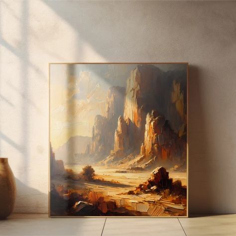 Golden Hour in Sahara Painting, Sandstone Painting of Dunes, Rock Formations and Cliffs Inspired by Saudi Nature and Utah's Sandstone Cliffs - Etsy Sweden Egyptian Landscape, Ancient Egyptian Painting, Egyptian Canvas Painting, Egyptian Oil Painting, Ancient Egypt Wall Art, Egyptian Painting, Rock Formations, Golden Hour