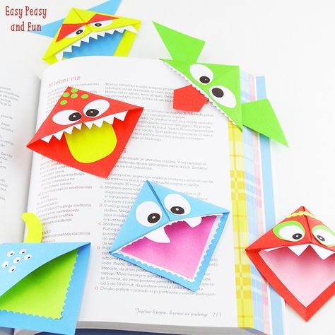 Halloween Origami for Kids - Easy Peasy and Fun - monster origami bookmarks Easy Halloween Crafts For Kids, Monster Bookmark, Fun Diy Halloween Decorations, Halloween Origami, Vika Papper, Kerajinan Diy, Diy Monsters, Paper Plate Crafts For Kids, Manualidades Halloween