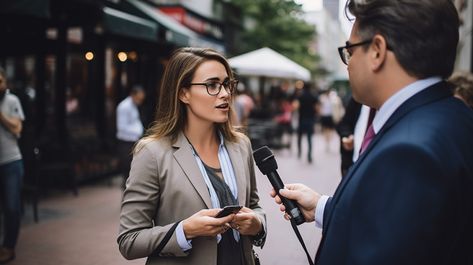 Interview in Progress: A professional woman in spectacles is engaged in a street interview by a man with a microphone. #interview #woman #microphone #man #glasses #aiart #aiphoto #stockcake ⬇️ Download and 📝 Prompt 👉 https://ayr.app/l/rPcW Street Interview, Man Glasses, Couple Silhouette, Couple Romance, Cartoon Flowers, Professional Women, Creative Words, Spectacles, How To Take Photos