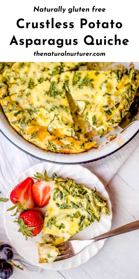 This Crustless Potato Asparagus Quiche is the perfect way to get veggies in at breakfast, lunch or dinner! A delicious combination with eggs, cheese and chives, this yummy recipe is naturally gluten free, can be made dairy-free and is a great easy meal! #quiche #asparagusquiche #potatoquiche #crustlessquiche #glutenfree #veggieloaded @naturalnurturer | thenaturalnurturer.com Asparagus Quiche Recipes, Potato Asparagus, Family Meal Planning Healthy, Eggs Potatoes, Asparagus Quiche, Asparagus Seasoning, Meatless Monday Recipes, Crustless Quiche, Healthy Family Meals