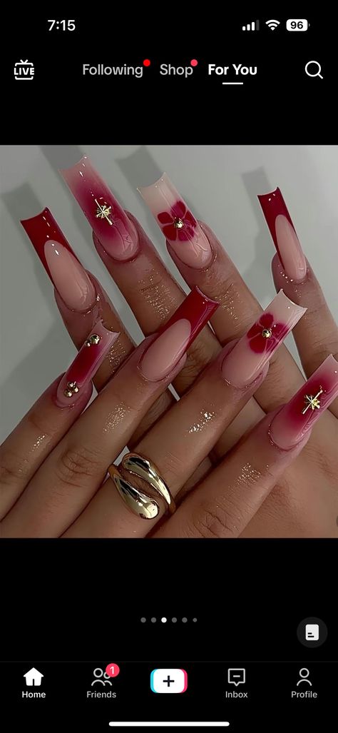 Iconic Nails, Jel Nails, Spongebob Nails, Kylie Nails, Red And Gold Nails, Long Square Nails, Summer Gel Nails, Red Acrylic Nails, Cherry Nails