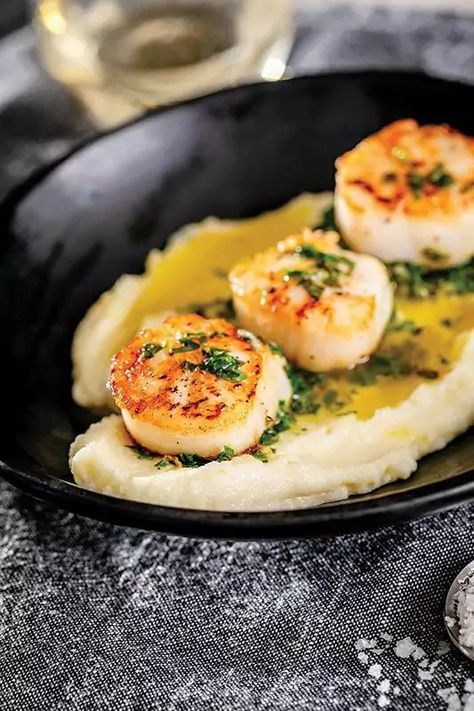 In this recipe from Catherine Walthers, sea scallops are paired with an easy lemon herb sauce and a parsnip puree. Lemon Herb Sauce, Parsnip Puree, Sea Scallops, Herb Sauce, Lemon Herb, Scallops Seared, Martha's Vineyard, Parsnips, Fresh Parsley