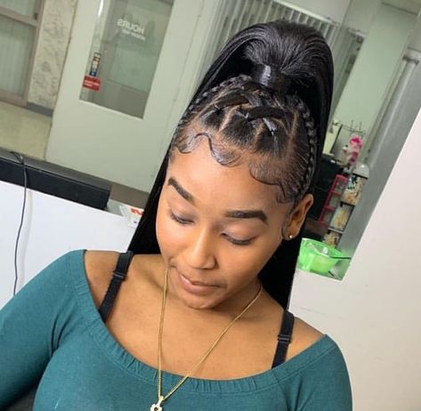 Teen Ponytail Hairstyles Black, 4c Ponytail Hairstyles For Black Women, Bun With Curls Hanging Down Black Women, Braids Going Into A Ponytail Black, Ponytail With Braids In Front Black Hair, Stitch Ponytail Braids, Top Braided Ponytail, Braided Up Do For Black Women, Braids Going Into A Ponytail