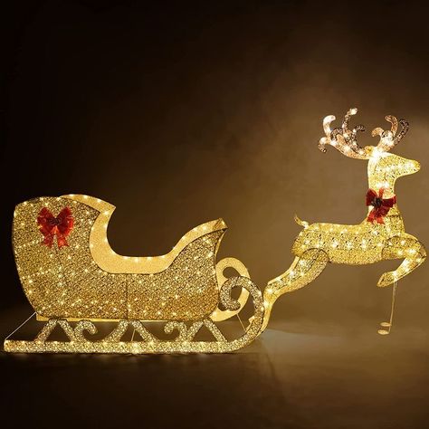 Christmas Reindeer and Sleigh Winter Wonderland Party Theme, Reindeer Lights, Reindeer Sleigh, Lights Decor, Vintage Reindeer, Reindeer And Sleigh, Yard Lights, Christmas Inflatables, Led Christmas Lights