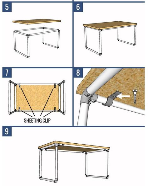 Attaching pipe to table top or desk top with sheeting clips Diy Table Legs Cheap, Pipe Table Diy, Pvc Pipe Furniture, Butcher Block Desk, Plywood Desk, Upcycle Table, Diy Table Legs, Industrial Pipe Lamp, Vintage Metal Desk