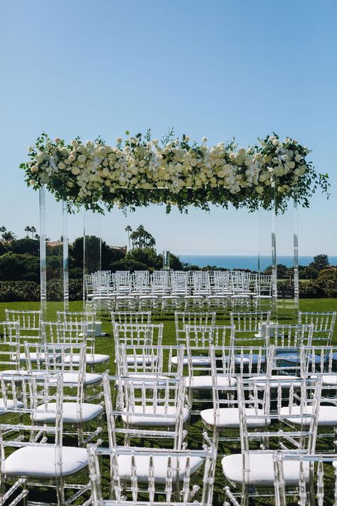 Clear Chairs & Ceremony Structure Hotel Banquet Hall, Chiavari Chairs Wedding, Acrylic Chairs, Mandap Design, Monarch Beach Resort, Interfaith Wedding, Clear Chairs, Jewish Weddings, Inside Weddings