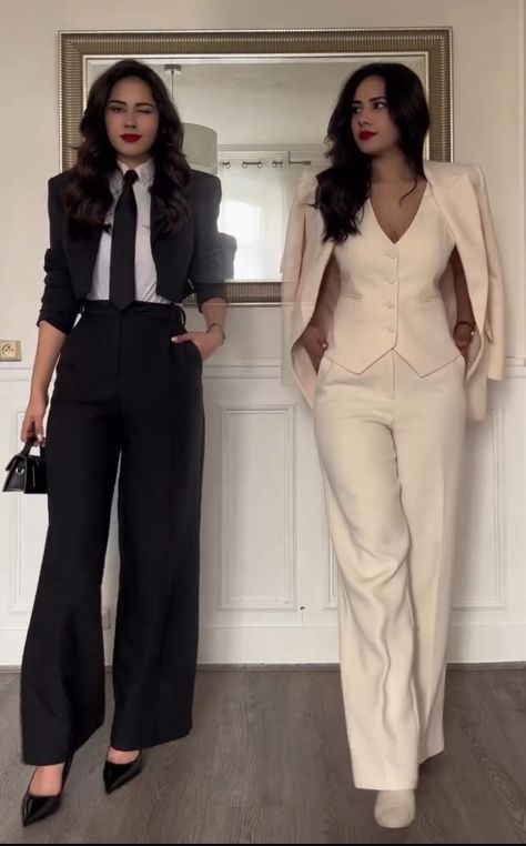 Profession Outfits For Women, Woman Suit Fashion White, Blazer Suit Women Classy, Zara Women Suit, Cropped Blazer And Dress Outfit, Pant Suit Ideas For Women, Cropped Suit Jacket Women, Womens Suit With Tie, White Shirt Black Tie Women