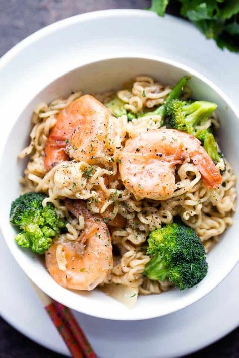 Homemade Ramen Noodles cooked with a hearty serving of succulent shrimp and fresh broccoli offer a quick yet delicious meal packed with vibrant flavors in just 30 minutes. Ramen Noodles With Shrimp, Gf Ramen, Shrimp Ramen Noodle Recipes, Shrimp Ramen Recipes, Instant Ramen Recipes, Thai Shrimp Soup, Homemade Ramen Noodles, Noodles With Shrimp, Shrimp Ramen