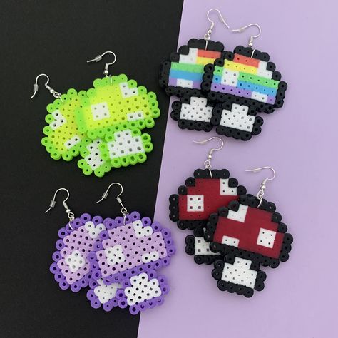 Handmade Mushroom Earrings Charm measures 5.5 x 5cm 🍄 Perler Bead Jewelry Earrings, Mushroom Perler Bead Patterns, Perler Beads Earrings, Mushroom Pixel, Mushroom Perler, Perler Bead Earrings, Perler Earrings, Perler Bead Designs, Perler Pattern