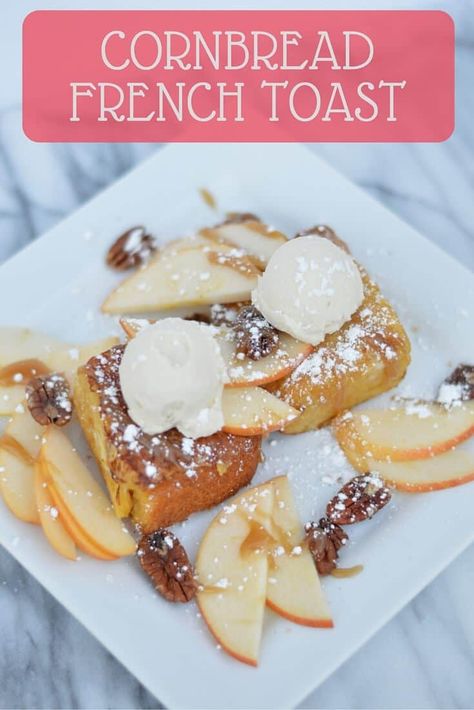 Superbly tender and flavorful cornbread battered and cooked french toast style, topped with freshly sliced apples, toasted pecans, vanilla bean mascarpone and a caramel drizzle.  #breakfast #brunch #frenchtoast Bakes Recipe, Sliced Apples, Caramel Drizzle, Toast Toppings, Delicious Breakfast Recipes, French Toast Recipe, Toasted Pecans, Savory Breakfast, Sharing Board