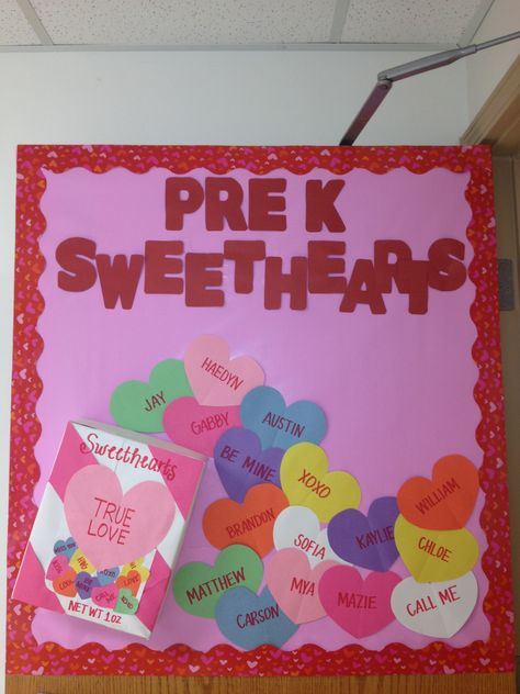 Valentine's Day Bulletin Board! Sweetheart conversation candy February Bulletin Boards, Preschool Door, Valentine Bulletin Boards, Valentines Day Bulletin Board, February Ideas, February Crafts, Preschool Bulletin, Preschool Bulletin Boards, Education Positive