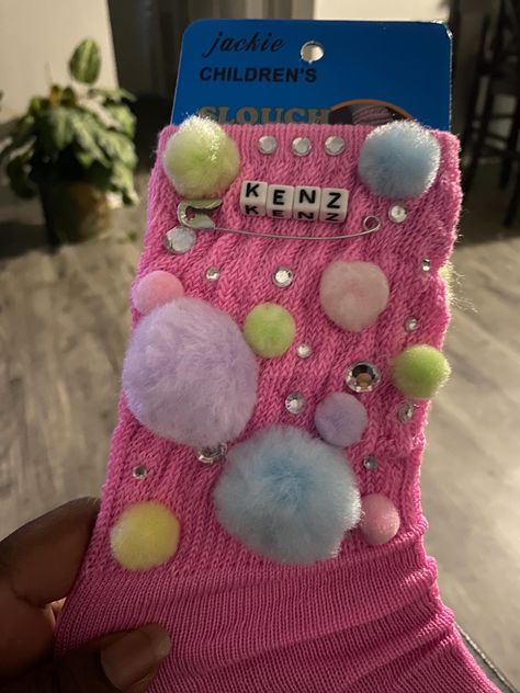 This is a Custom Personalized Pom Pom fun sock for children ages 7-12. The sock is decorated on both sides of each sock. Available to ship in 3-5 days with tracking. Hand washing is suggested. Socks Decoration Ideas, Crazy Socks Day Diy, Crazy Sock Day Ideas, Charm Socks, Junk Socks, Crazy Socks For Kids, Fun Socks For Kids, Spirit Jeans, Bling Socks