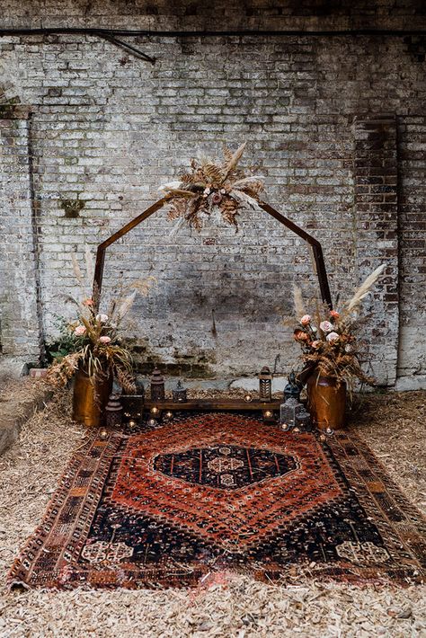 simple but chic hexagon wedding arch boho fall wedding arbors Wedding Arch With Rug, Wedding Rugs Altar, Dried Flower Arch Wedding, Rug Wedding Alter, Dried Flower Wedding Arch, Fey Wedding, Dried Flower Arrangements Wedding, Moroccan Arches, Rugs Wedding