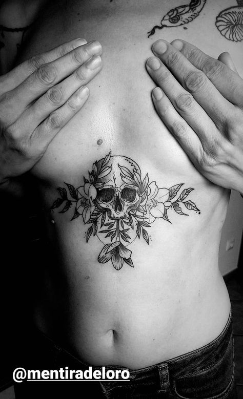 Skull Chest Tattoos For Women, Sternum Skull Tattoo Women, Under Bottom Tattoo, Skull Hip Tattoos Women, Gothic Sternum Tattoo Women, Gothic Thigh Tattoos Women, Skeleton Chest Tattoo, Chest And Sternum Tattoo, Skull Hip Tattoo