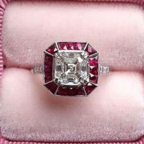 Asscher Cut Diamond Art Deco Ring/ Pink Ruby Halo Diamond | Etsy Asscher Cut Diamond Ring, Princess Cut Diamond Ring, Diamond Ring Princess Cut, Vintage Inspired Rings, Asscher Cut Diamond, Deco Blue, Art Deco Diamond Rings, Ruby Diamond Rings, Bridal Wedding Rings