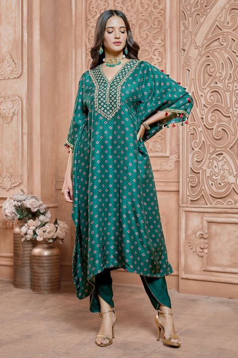 Shop for Ariyana Couture Green Tussar Georgette Printed Kurta And Tulip Pant Set for Women Online at Aza Fashions Indo Western Dresses For Women, Green Kaftan, Tulip Pants, Western Dresses For Women, Printed Long Skirt, Draped Sleeves, Hooded Tunic, Kaftan Style, Indo Western Dress