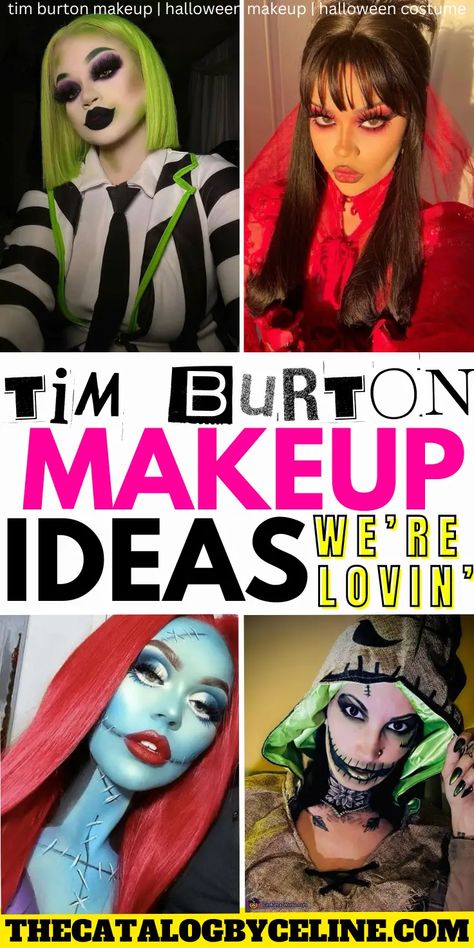 Tim Burton Makeup Ideas We're Lovin' This Halloween 2024! - The Catalog Beetlejuice Bride Makeup, Spooky Halloween Makeup Scary, Tim Burton Halloween Costumes Women, Spooky Makeup Ideas, Tim Burton Party Ideas, Beetlejuice Makeup Ideas, Tim Burton Characters Costumes, Beetlejuice Inspired Makeup, Tim Burton Makeup Looks