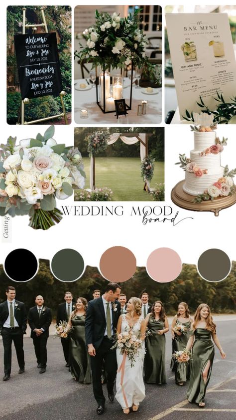 Forest Green Color Palette Wedding, Olive Green Wedding Theme Color Schemes Colour Palettes, Forest Green Wedding Color Palette, Forest Green Wedding Theme Color Palettes, Wedding Theme Color Palettes, Theme Color Palettes, Forest Green Wedding Theme, Blush Pink And Black Wedding, Green Wedding Color Palette