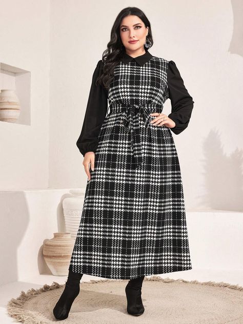 SHEIN Mulvari Plus Houndstooth Print Belted Dress | SHEIN USA Winter Dresses For Plus Size Women, Plus Size Winter Dress Outfits, Houndstooth Shirt, Dressing Ideas, Plus Size Winter, Pakistani Dress, Dress Shirt Sleeves, Pakistani Dress Design, Plus Size Fashion For Women