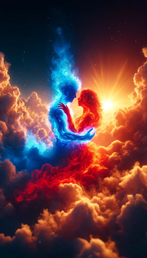 United in hues of orange and blue, embodying the divine masculine and divine feminine, wrapped in an eternal embrace of harmonious existence. Twin Flame Spiritual, Divine Masculine And Feminine, Divine Counterpart, Soulmates Art, Wing Tattoo Men, Divine Feminine Art, Twin Flame Art, Love And Acceptance, Divine Masculine