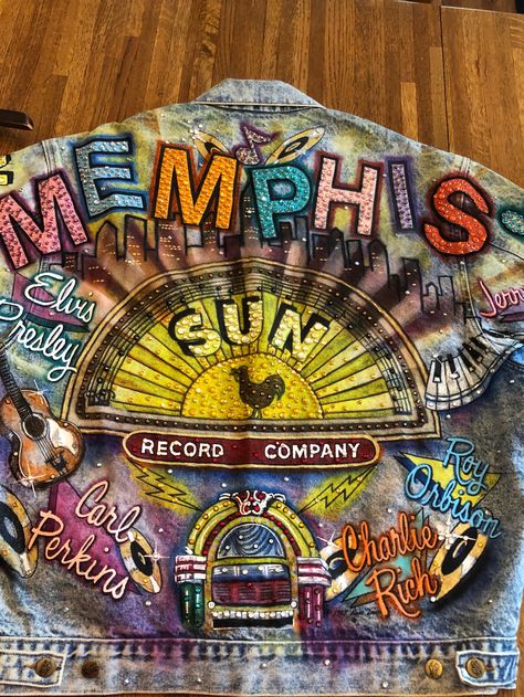 Vintage Tony Alamo Memphis/Sun Records denim jacket Tony Alamo Jacket, Airbrush Clothes, Painting Jeans, Custom Jean, Custom Jean Jacket, Diy Denim Jacket, Sun Records, Jacket Ideas, Diy Denim