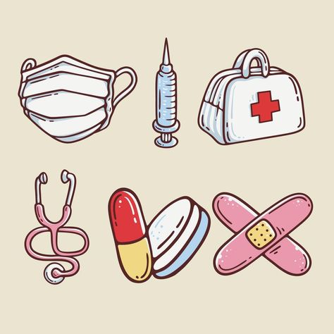 Nursing Icon Aesthetic, Medical Tools Drawing, Nurse Hat Drawing, Medication Drawing, Handrawn Icons, Nursing Illustration, Doctor Aesthetic Medical, Medical Doodles, Doctor Doodle