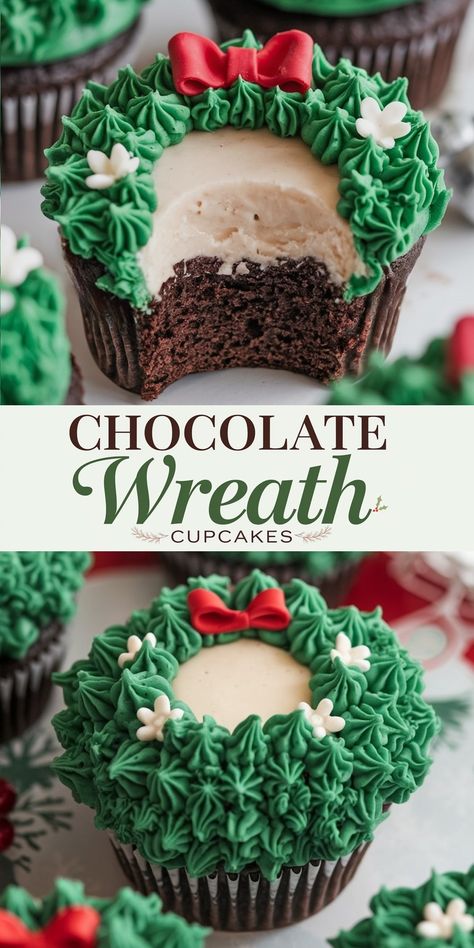 Christmas Chocolate Wreath Cupcakes Recipe - Emma's Cake Studio Chocolate Blossom Cookies, Chocolate Wreath, Wreath Cupcakes, Easy Christmas Desserts, Christmas Dessert Table, Peppermint Chocolate, Chocolate Candy Recipes, Blossom Cookies, Chocolate Festival