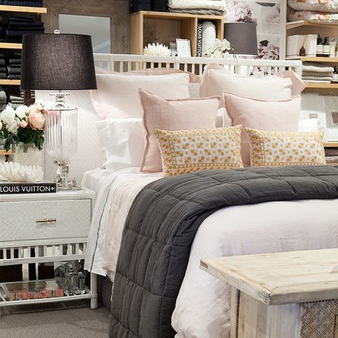 Bed styled with pink and charcoal grey. Farmhouse Island, Bedroom Bliss, Christmas Jars, Pink Bedding, Favourite Colour, Crystal Lamp, Colour Combinations, Bed Styling, Bedroom Styles