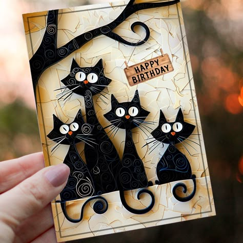 Check out our fun card filled with many black cats, all staring right at you! It's perfect for anyone who loves cats and enjoys a good laugh. This card is great for any occasion - birthdays, thank yous, or just to say hello. It's a simple, fun way to brighten any cat lover's day! ❣️ The card is cleverly designed to create a stunning 3D effect. It's not a 3D paper-filled card! PERSONALISATION Feel free to personalise the card and supply your message. Don't forget to select the 'Personalised card' Cute Cat Cards, Cat Birthday Cards, Crazy Cats Cards, Cat Cards Handmade, Cards For Men, Cat Parents, Happy Birthday Card Funny, Diy Projects Gifts, Origami And Quilling