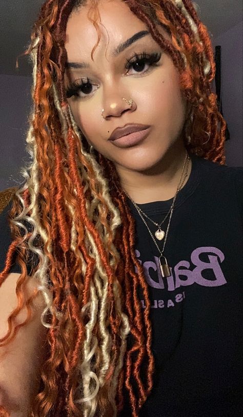 Blonde / Ginger / Orange Boho Goddess Locs Ginger And Blonde Hair Black Women Locs, Faux Locs Mixed Colors, Orange And Blonde Locs, Ginger Locs With Blonde Highlights, Strawberry Blonde Locs, Blonde Crochet Locs, Orange Faux Locs, Goddess Faux Locs With Color, Orange And Blonde Braids